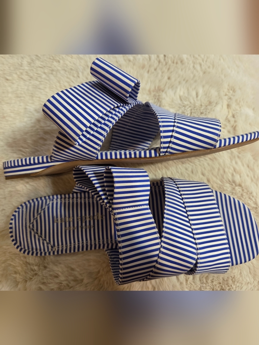 Kate Spade Striped Blue and White Triple-Strap Slide Sandals. Sz 7B - Picture 4 of 9